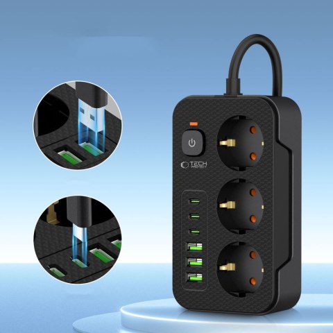TECH-PROTECT PC3X6 POWER STRIP 3 USB & 3 TYPE-C & 3 SOCKET 200CM BLACK