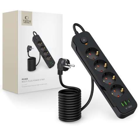 TECH-PROTECT PCL4X3 POWER STRIP LONG 2 USB & 1 TYPE-C & 4 SOCKET 200CM BLACK